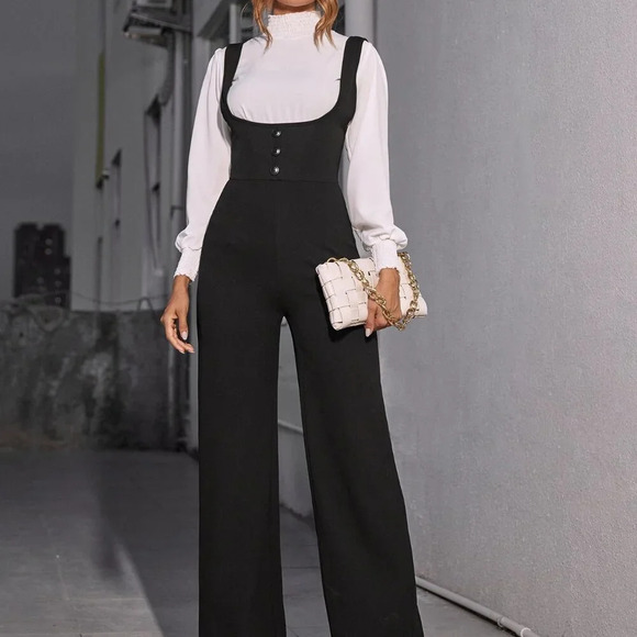 Black Elegant Women's High Waist Button Front Wide Leg Suspender Jumpsuit - Picture 4 of 5